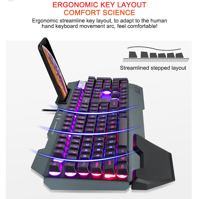 Gaming Keyboard with RGB Backlight and Phone Holder