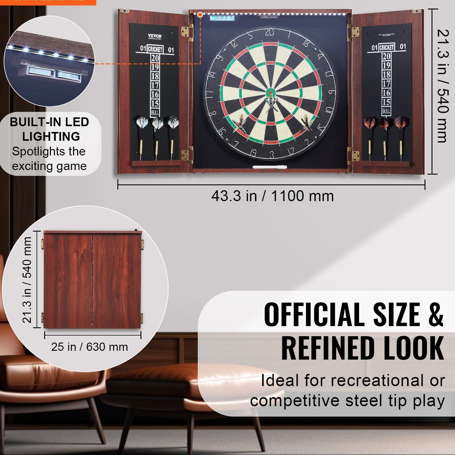 Dartboard and Cabinet with LED Lights and Scoreboard