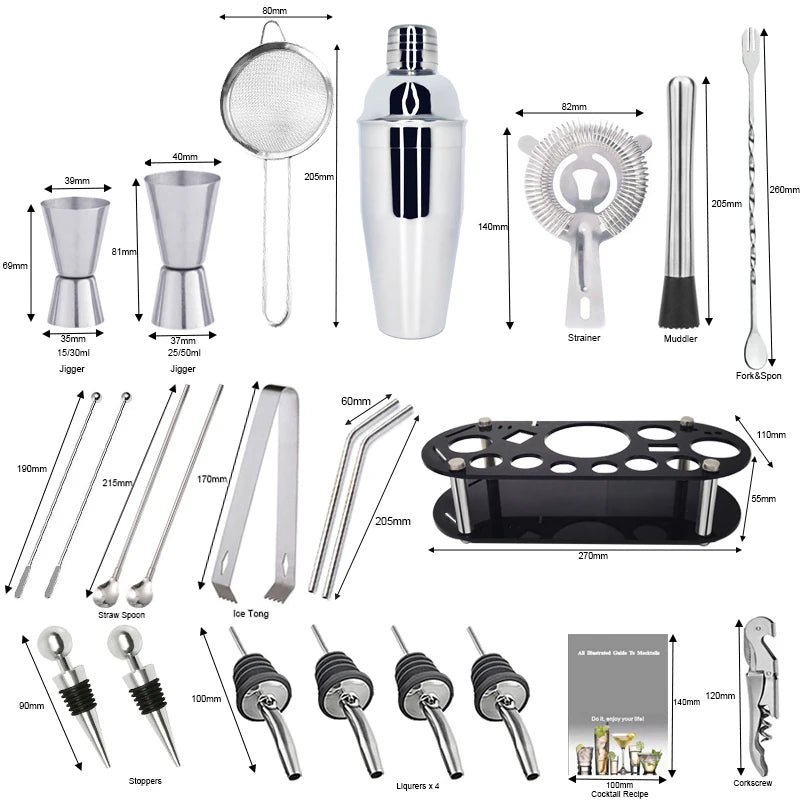 22Pcs  Bar Tool Kit with 750ml/600ml Boston Cocktail Shaker